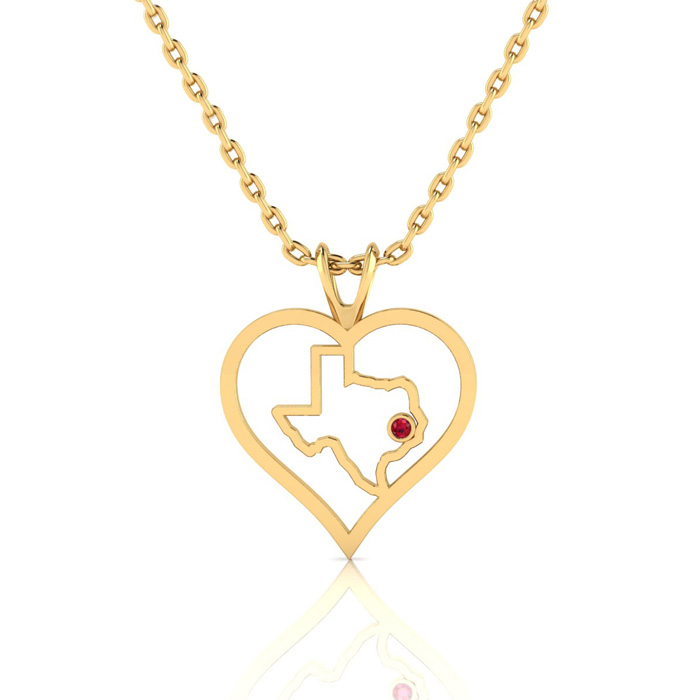 I Love Texas Heart Necklace in Yellow Gold w/ Crystal Ruby Accent, 18 Inches by Passiana