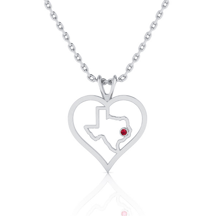 I Love Texas Heart Necklace in White Gold w/ Crystal Ruby Accent, 18 Inches by Passiana