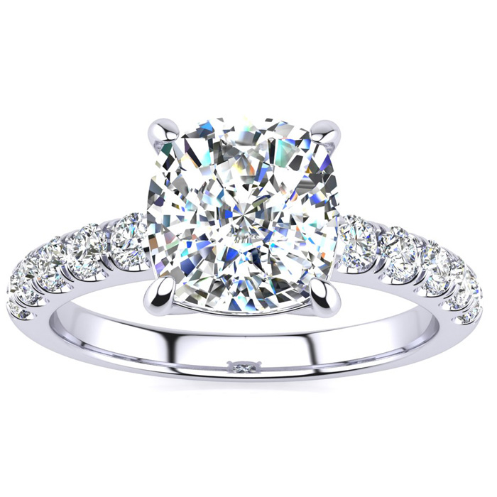 2.80 Carat Traditional Diamond Engagement Ring w/ 2.5 Carat Center Cushion Cut Solitaire in 14K White Gold (4.8 g),  by SuperJeweler