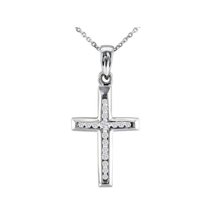 1/8 Carat Diamond Cross Pendant Necklace in White Gold, , 18 Inch Chain by SuperJeweler