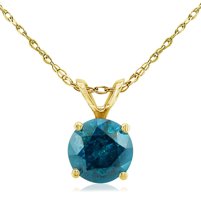 3/4 Carat Blue Diamond Pendant Necklace In 14k Yellow Gold, 18 Inch Chain By Hansa