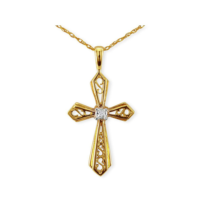 Filigree Diamond Cross Pendant Necklace in Yellow Gold, , 18 Inch Chain by SuperJeweler