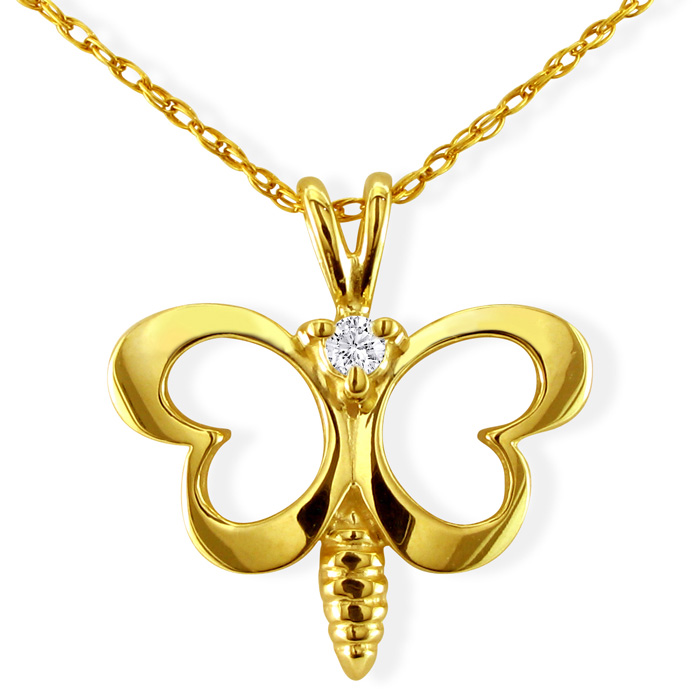 Cute Diamond Butterfly Pendant Necklace in Yellow Gold, , 18 Inch Chain by SuperJeweler