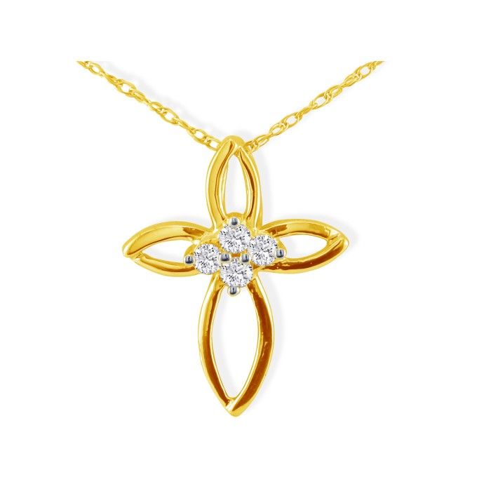 .10 Carat 4 Diamond Center Point Cross Pendant Necklace In 10k Yellow Gold, J/K, 18 Inch Chain By SuperJeweler