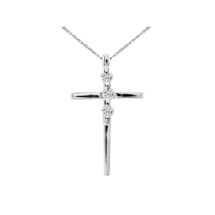 Three Round Diamond Cross Pendant Necklace in White Gold (2.2 g), , 18 Inch Chain by SuperJeweler