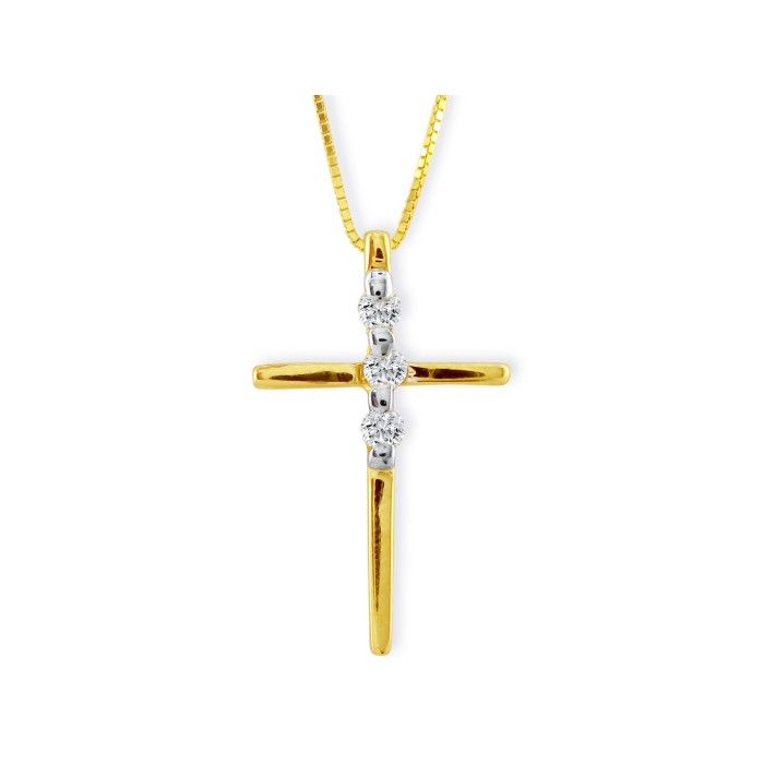 Three Round Diamond Cross Pendant Necklace in Yellow Gold (2.2 g), , 18 Inch Chain by SuperJeweler