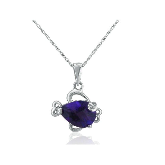 Amethyst & Diamond Fish Pendant Necklace in White Gold, , 18 Inch Chain by SuperJeweler