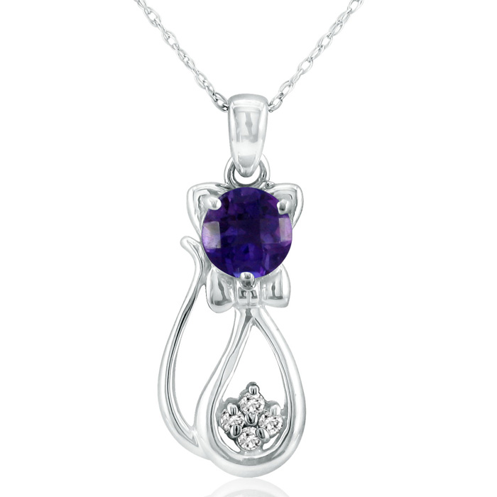 Amethyst & Diamond Cat Pendant Necklace in White Gold (2.3 g), , 18 Inch Chain by SuperJeweler