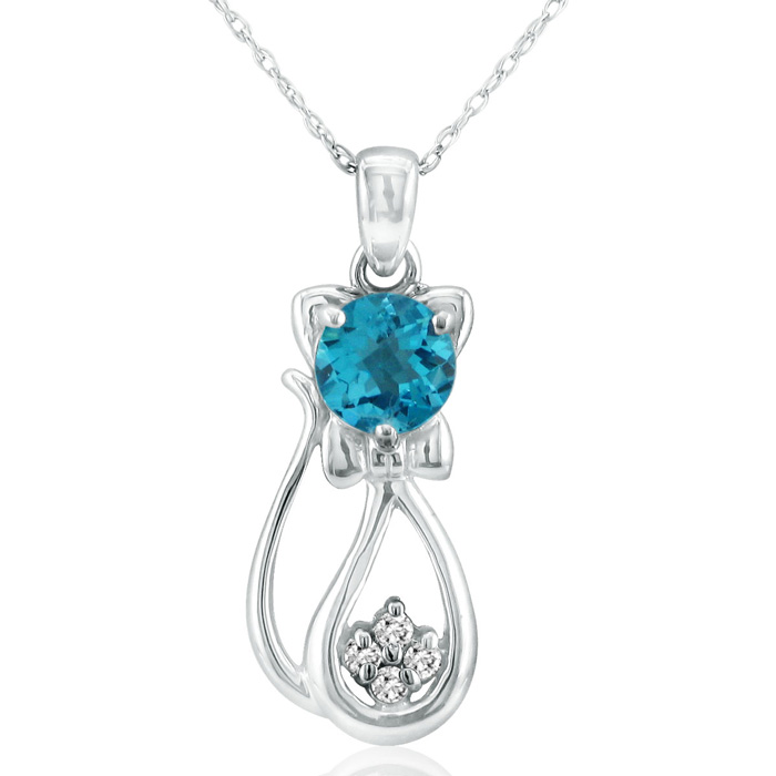 1 Carat Blue Topaz & Diamond Cat Pendant Necklace in White Gold (2.3 g), , 18 Inch Chain by SuperJeweler