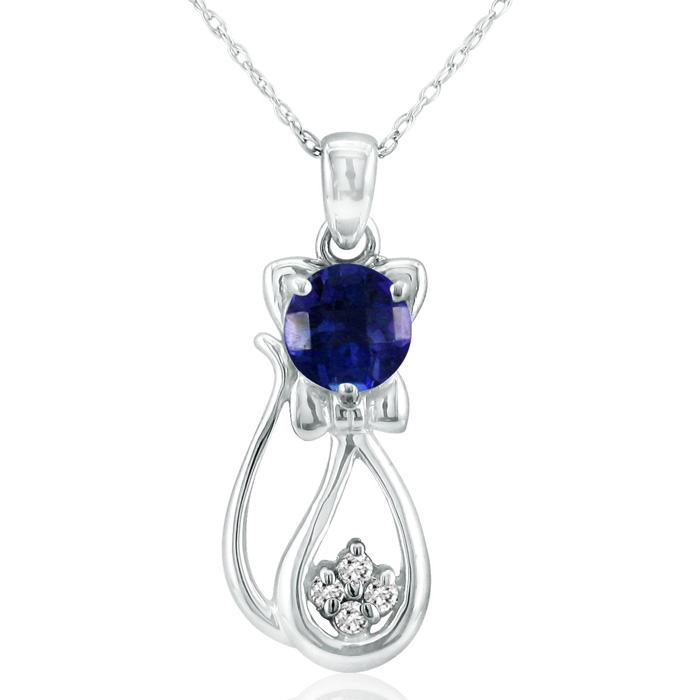 Sapphire & Diamond Cat Pendant Necklace in White Gold (2.3 g), , 18 Inch Chain by SuperJeweler