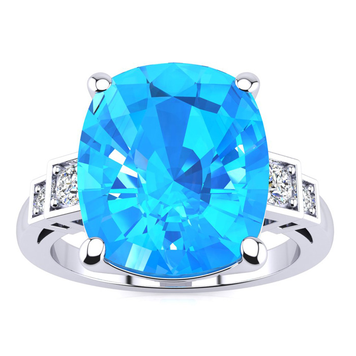 Cushion Cut 4 Carat Blue Topaz & Diamond Ring in 14K White Gold (4.8 g),  by SuperJeweler