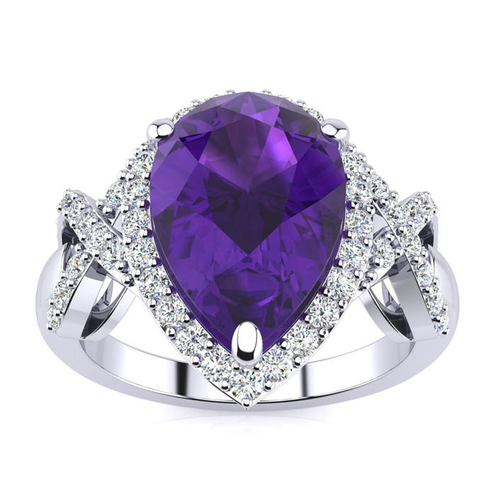 3 Carat Amethyst & Diamond Ring w/ X Shank Accents, 14k White Gold (4.8 g),  by SuperJeweler