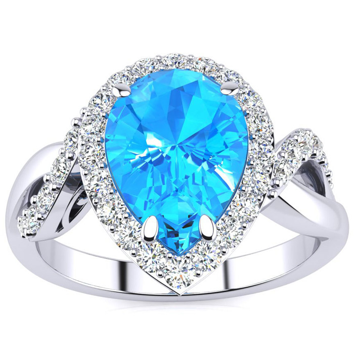 2.5 Carat Pear Shape Blue Topaz & Diamond Ring in 14K White Gold (4 g),  by SuperJeweler