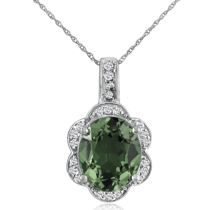 Large 4 Carat Oval Green Amethyst & Diamond Pendant Necklace in 14k White Gold (4.8 g), , 18 Inch Chain by SuperJeweler