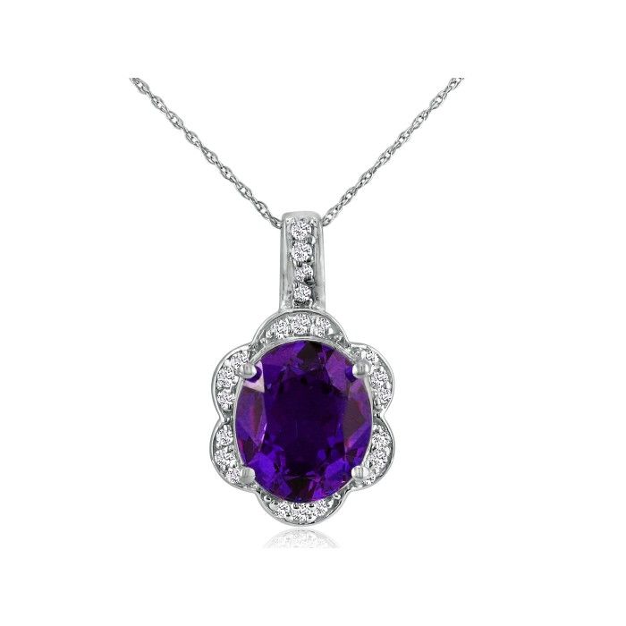 Large 4 Carat Oval Amethyst & Diamond Pendant Necklace Set in 14k White Gold (4.8 g), , 18 Inch Chain by SuperJeweler