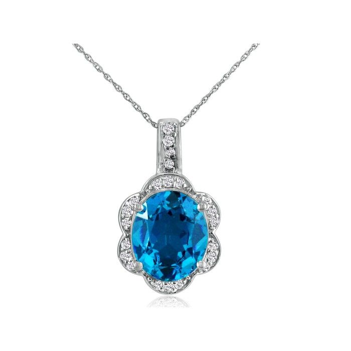 Large 4 Carat Oval Blue Topaz & Diamond Pendant Necklace Set in 14k White Gold (4.8 g), , 18 Inch Chain by SuperJeweler