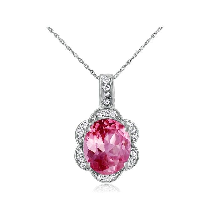 Large 4 Carat Oval Pink Topaz & Diamond Pendant Set In 14K White Gold (4.8 G), I/J By SuperJeweler