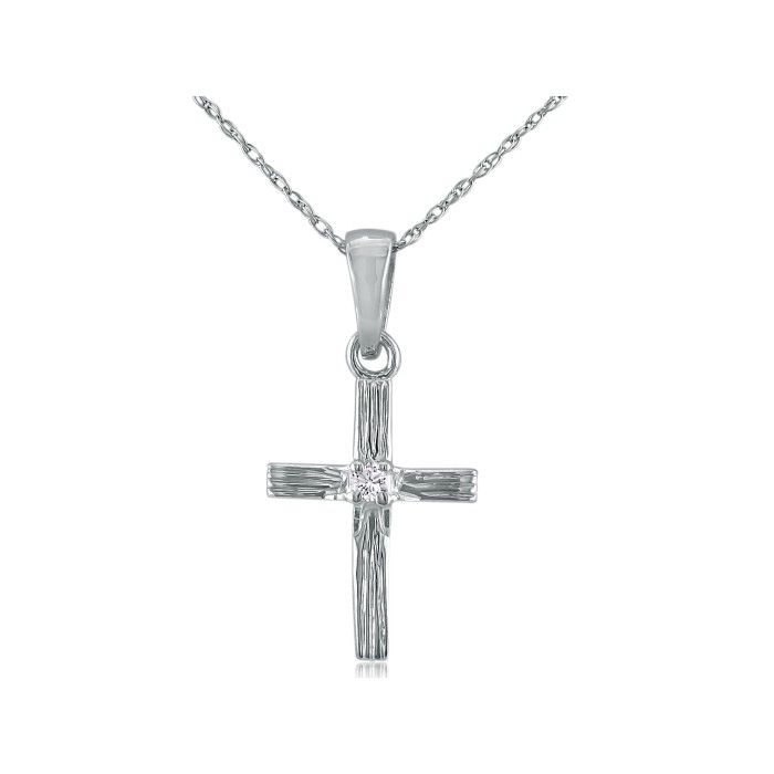 Diamond Cross Pendant in White Gold (1.3 g), 18 Inch Necklace,  by SuperJeweler
