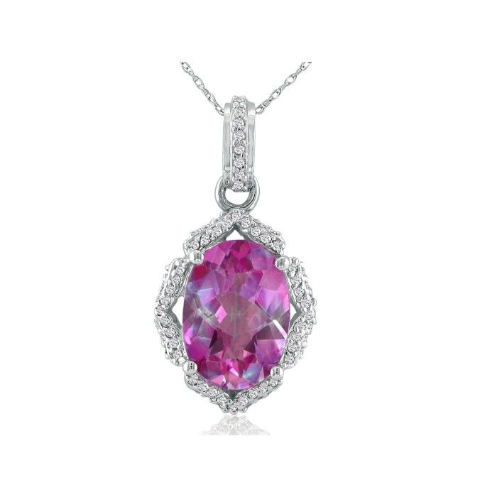 Enormous Pink Topaz & Diamond Pendant Necklace In 14K White Gold (6 G), I/J, 18 Inch Chain By SuperJeweler