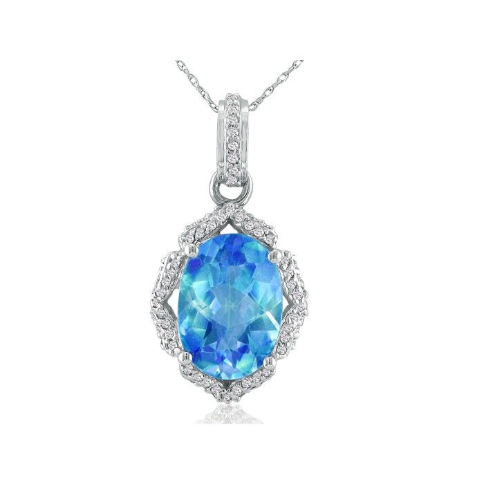 Enormous Blue Topaz & Diamond Pendant Necklace in 14k White Gold (6 g), , 18 Inch Chain by SuperJeweler