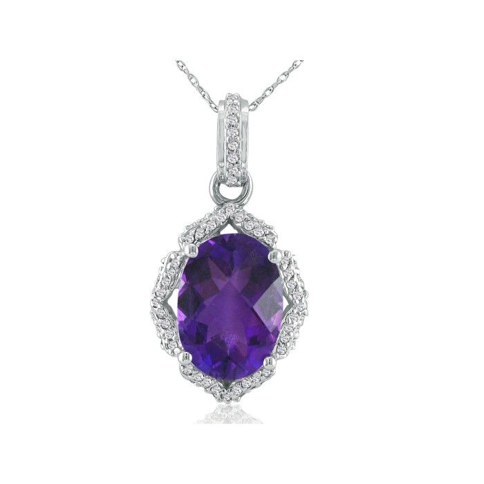 Enormous Amethyst & Diamond Pendant Necklace in 14k White Gold (6 g), , 18 Inch Chain by SuperJeweler