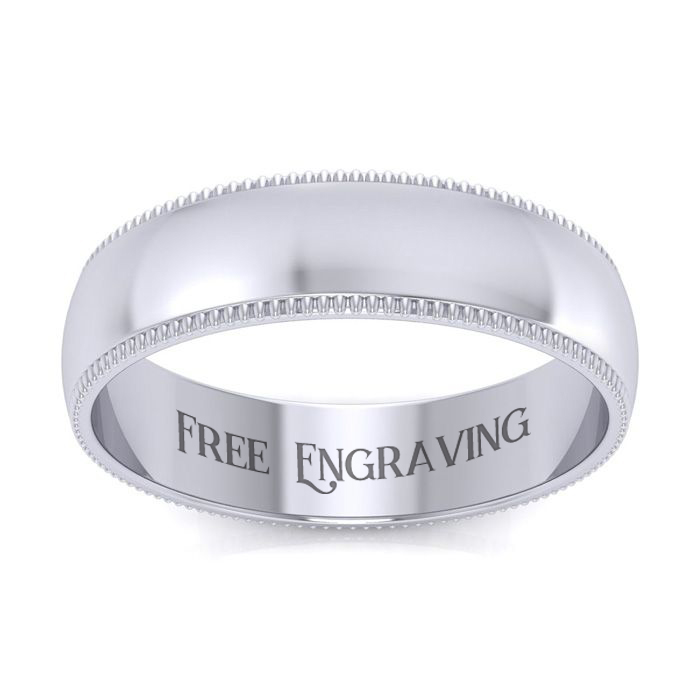 This 5mm platinum comfort fit milgrain ladies and mens wedding band is a classic.  This ring is a size 13.5.  Personalized and inscribed wedding band, customized for free by SuperJeweler.