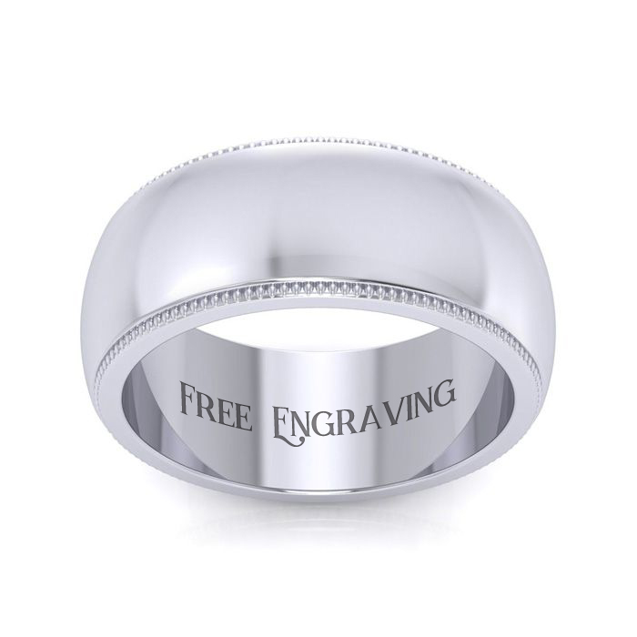 This 8mm platinum comfort fit milgrain ladies and mens wedding band is a classic.  This ring is a size 16.  Personalized and inscribed wedding band, customized for free by SuperJeweler.