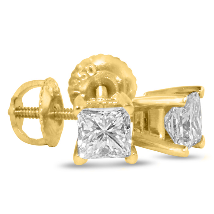 2 Carat Fine Quality Princess Cut Diamond Stud Earrings in 14k Yellow Gold