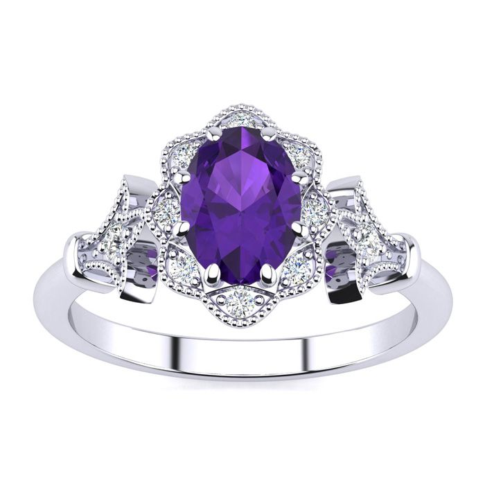 3/4 Carat Oval Shape Amethyst & Halo Diamond Vintage Ring in 14K White Gold (3.9 g), , Size 4 by SuperJeweler