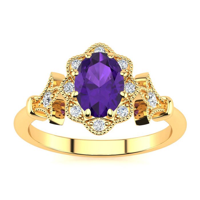 3/4 Carat Oval Shape Amethyst & Halo Diamond Vintage Ring in 14K Yellow Gold (3.9 g), , Size 4 by SuperJeweler