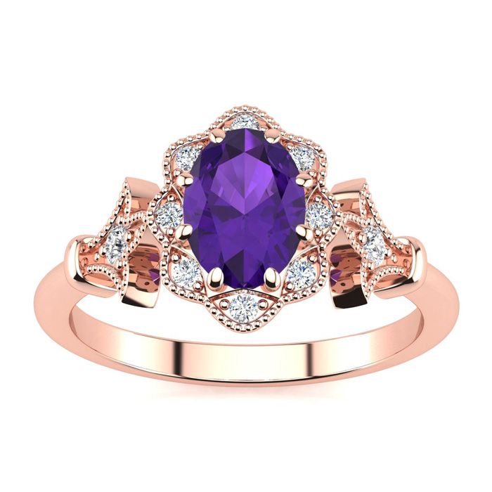 3/4 Carat Oval Shape Amethyst & Halo Diamond Vintage Ring in 14K Rose Gold (3.9 g), , Size 4 by SuperJeweler