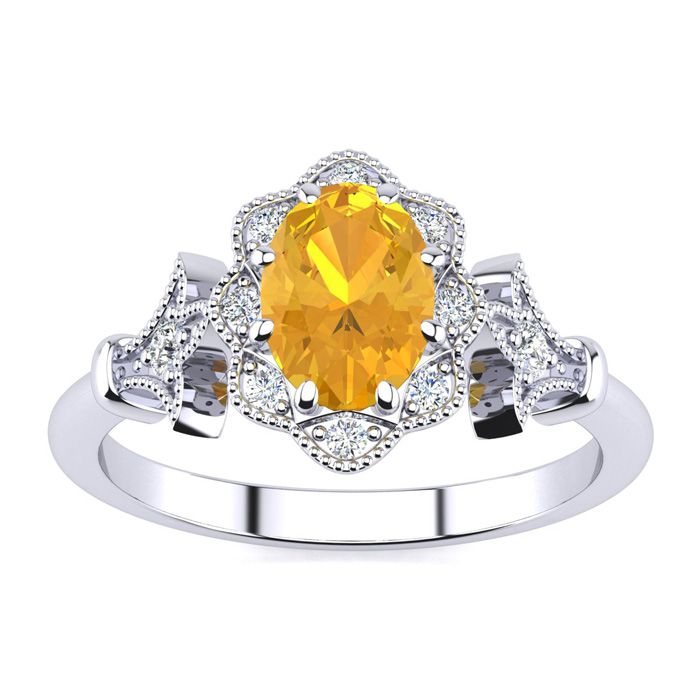 1 Carat Oval Shape Citrine & Halo Diamond Vintage Ring in 14K White Gold (3.9 g), , Size 4 by SuperJeweler