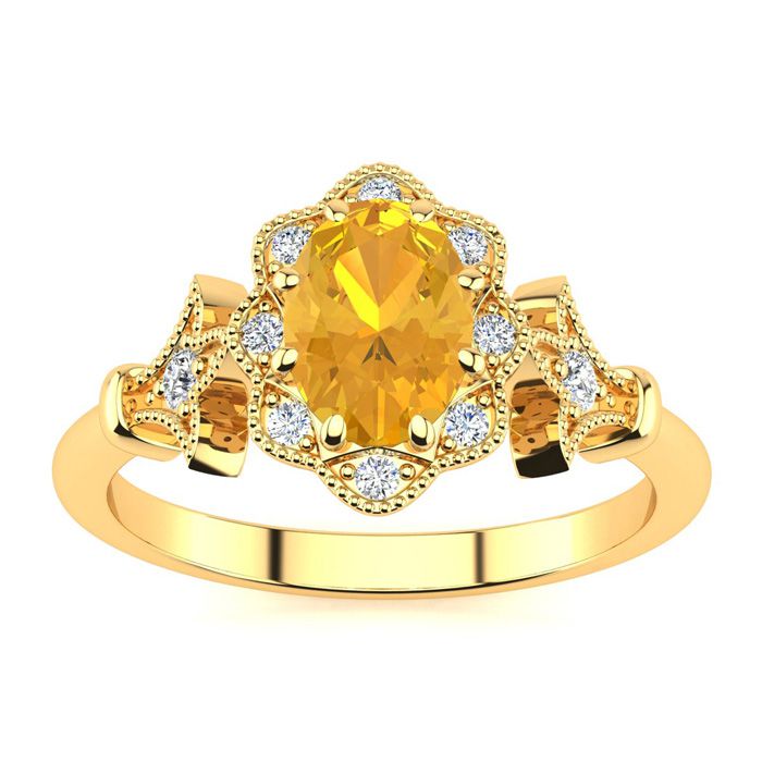 1 Carat Oval Shape Citrine & Halo Diamond Vintage Ring in 14K Yellow Gold (3.9 g), , Size 4 by SuperJeweler