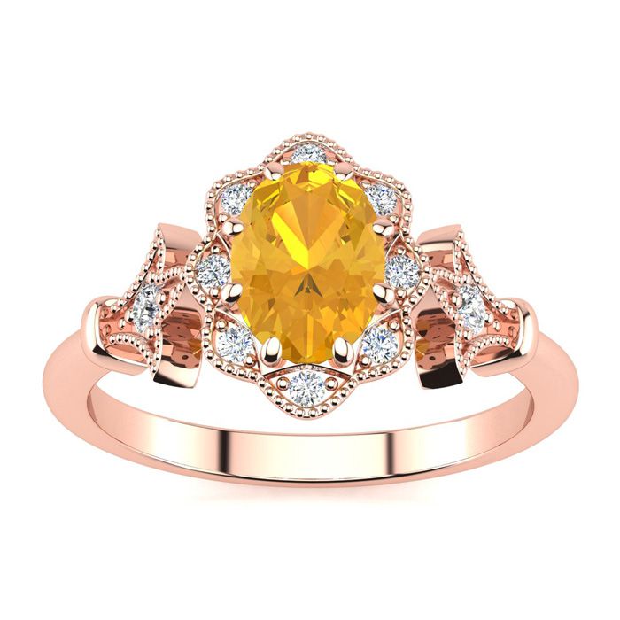 1 Carat Oval Shape Citrine & Halo Diamond Vintage Ring in 14K Rose Gold (3.9 g), , Size 4 by SuperJeweler