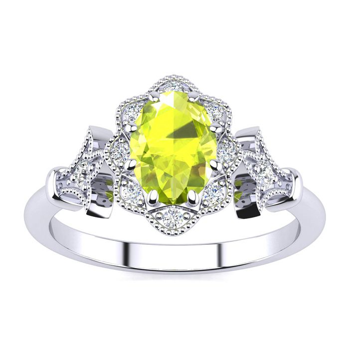 1 Carat Oval Shape Peridot & Halo Diamond Vintage Ring in 14K White Gold (3.9 g), , Size 4 by SuperJeweler