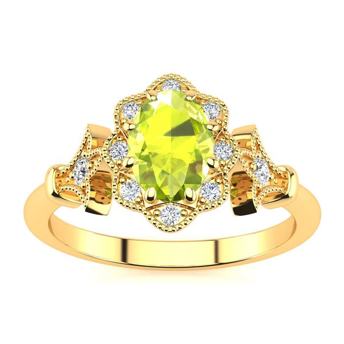 1 Carat Oval Shape Peridot & Halo Diamond Vintage Ring in 14K Yellow Gold (3.9 g), , Size 4 by SuperJeweler