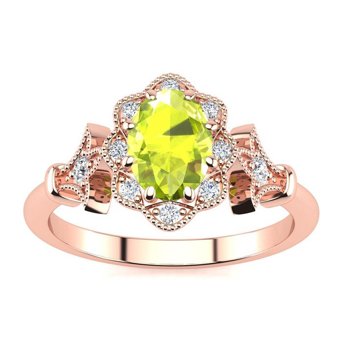 1 Carat Oval Shape Peridot & Halo Diamond Vintage Ring in 14K Rose Gold (3.9 g), , Size 4 by SuperJeweler