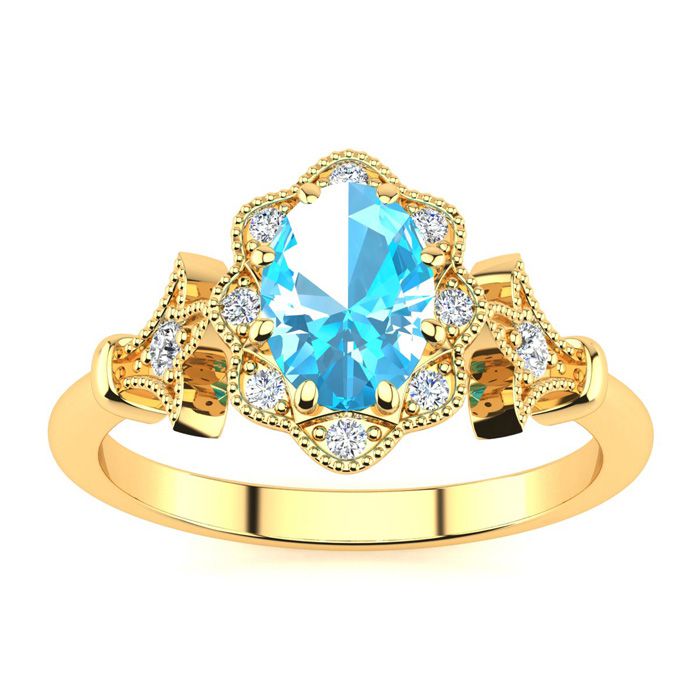 1 Carat Oval Shape Blue Topaz & Halo Diamond Vintage Ring in 14K Yellow Gold (3.9 g), , Size 4 by SuperJeweler