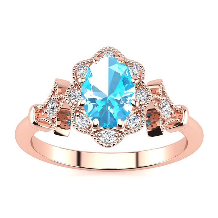 1 Carat Oval Shape Blue Topaz & Halo Diamond Vintage Ring in 14K Rose Gold (3.9 g), , Size 4 by SuperJeweler