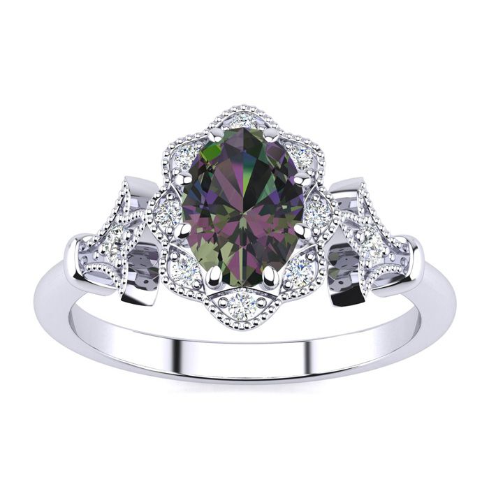 3/4 Carat Oval Shape Mystic Topaz & Halo Diamond Vintage Ring in 14K White Gold (3.9 g), , Size 4 by SuperJeweler