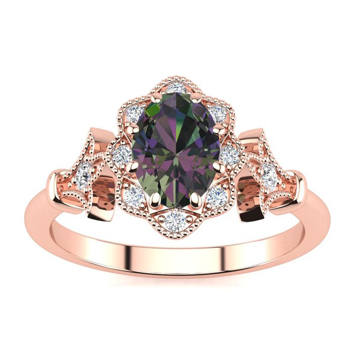 3/4 Carat Oval Shape Mystic Topaz & Halo Diamond Vintage Ring in 14K Rose Gold (3.9 g), , Size 4 by SuperJeweler