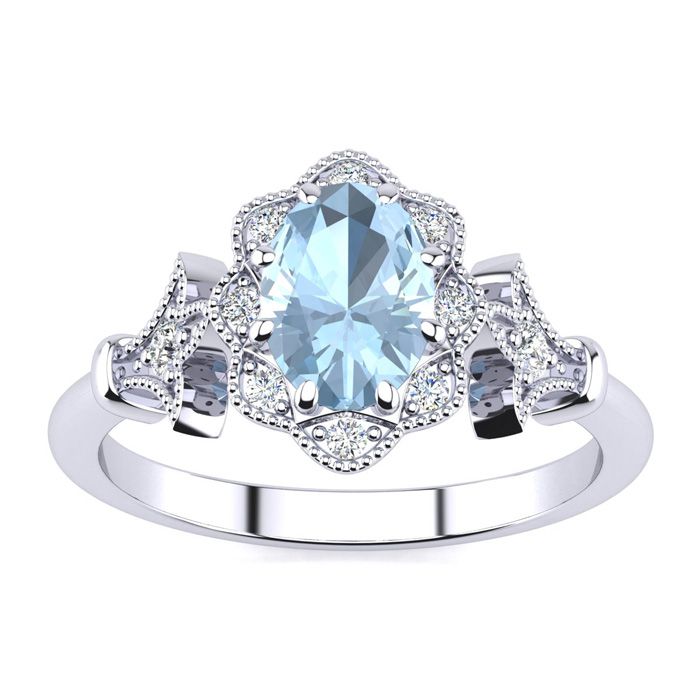 1 Carat Oval Shape Aquamarine & Halo Diamond Vintage Ring in 14K White Gold (3.9 g), , Size 4 by SuperJeweler