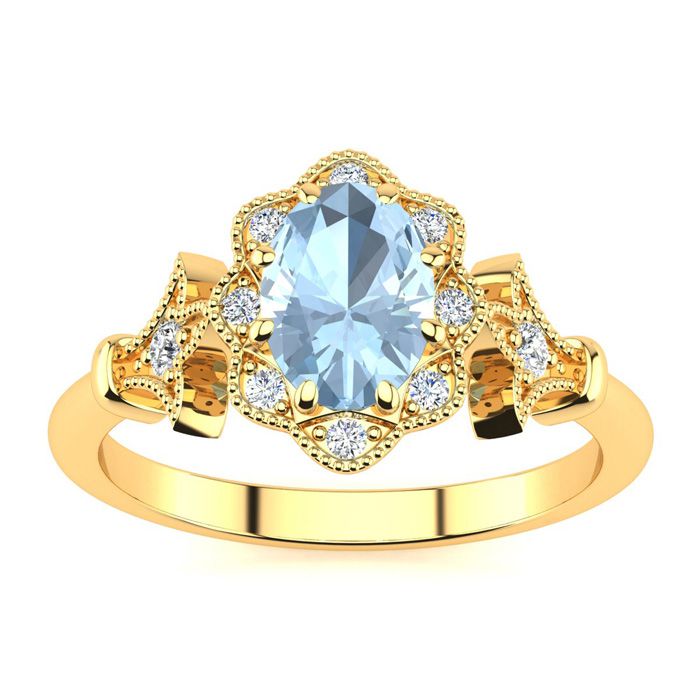 1 Carat Oval Shape Aquamarine & Halo Diamond Vintage Ring in 14K Yellow Gold (3.9 g), , Size 4 by SuperJeweler