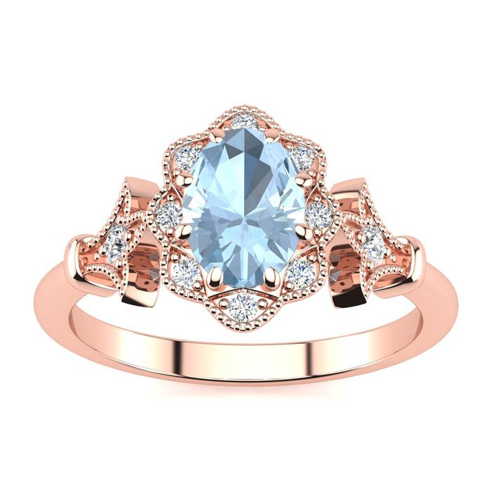 1 Carat Oval Shape Aquamarine & Halo Diamond Vintage Ring in 14K Rose Gold (3.9 g), , Size 4 by SuperJeweler