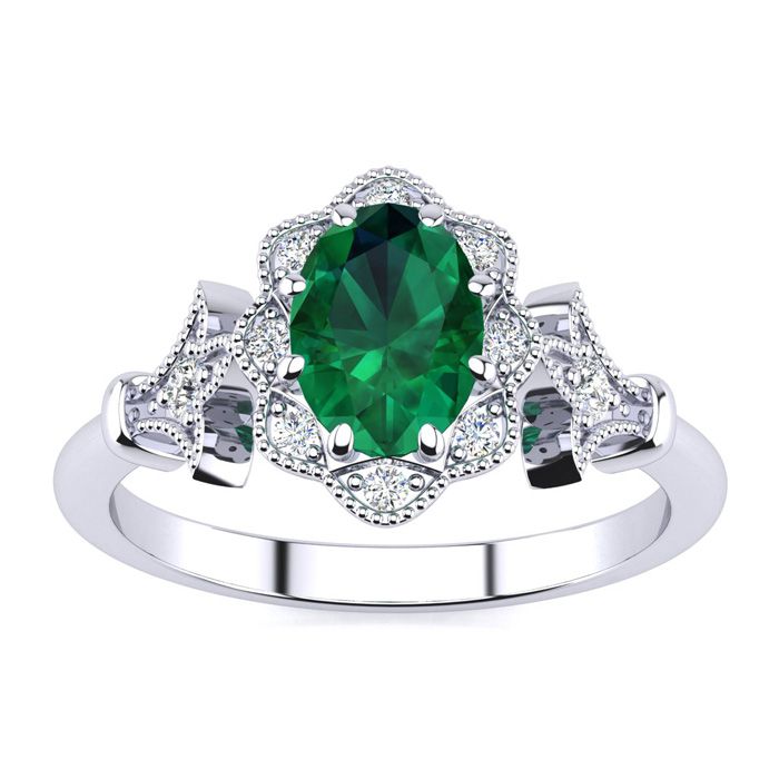 1 Carat Oval Shape Emerald Cut & Halo Diamond Vintage Ring in 14K White Gold (3.9 g), , Size 4 by SuperJeweler