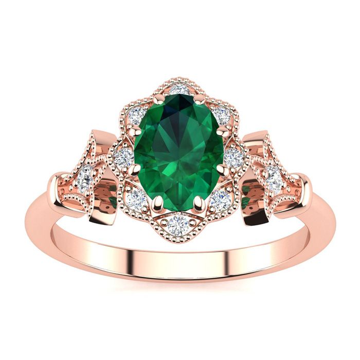 1 Carat Oval Shape Emerald Cut & Halo Diamond Vintage Ring in 14K Rose Gold (3.9 g), , Size 4 by SuperJeweler