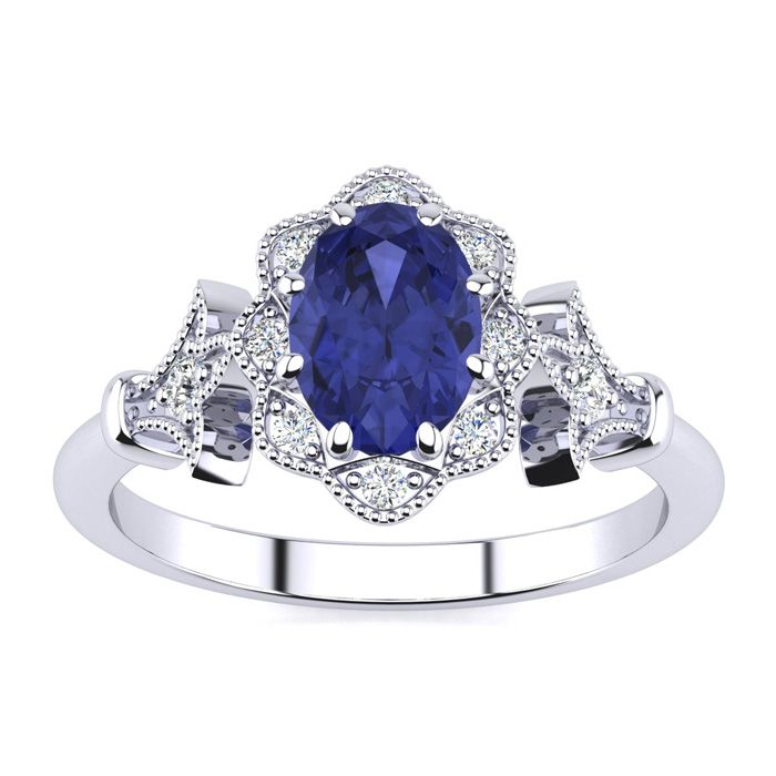 1 Carat Oval Shape Tanzanite & Halo Diamond Vintage Ring in 14K White Gold (3.9 g), , Size 4 by SuperJeweler