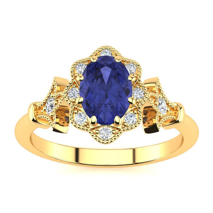 1 Carat Oval Shape Tanzanite & Halo Diamond Vintage Ring in 14K Yellow Gold (3.9 g), , Size 4 by SuperJeweler