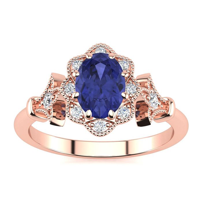 1 Carat Oval Shape Tanzanite & Halo Diamond Vintage Ring in 14K Rose Gold (3.9 g), , Size 4 by SuperJeweler