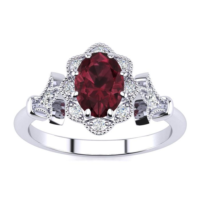 1 Carat Oval Shape Garnet & Halo Diamond Vintage Ring in 14K White Gold (3.9 g), , Size 4 by SuperJeweler